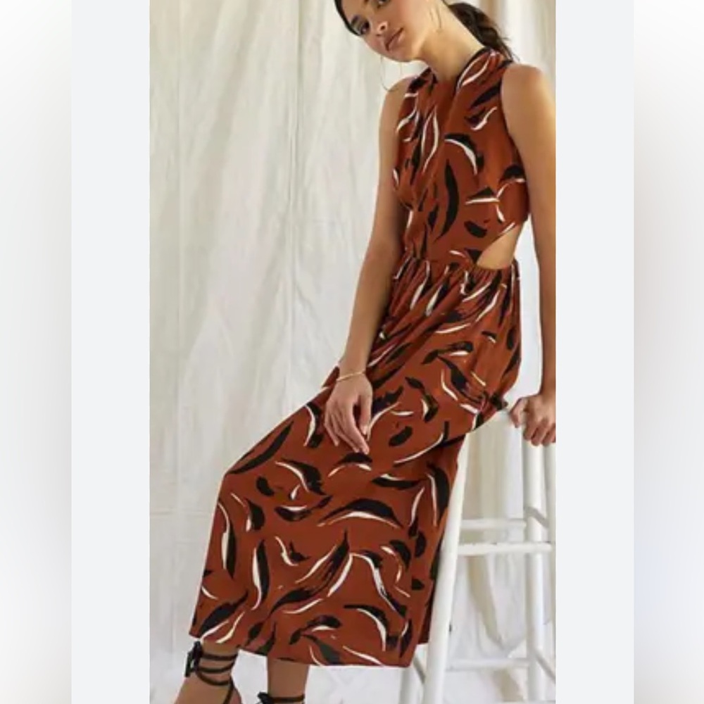 Corey Lynn Calter Anthropologie Abstract Midi Dress Brown White Cut Out